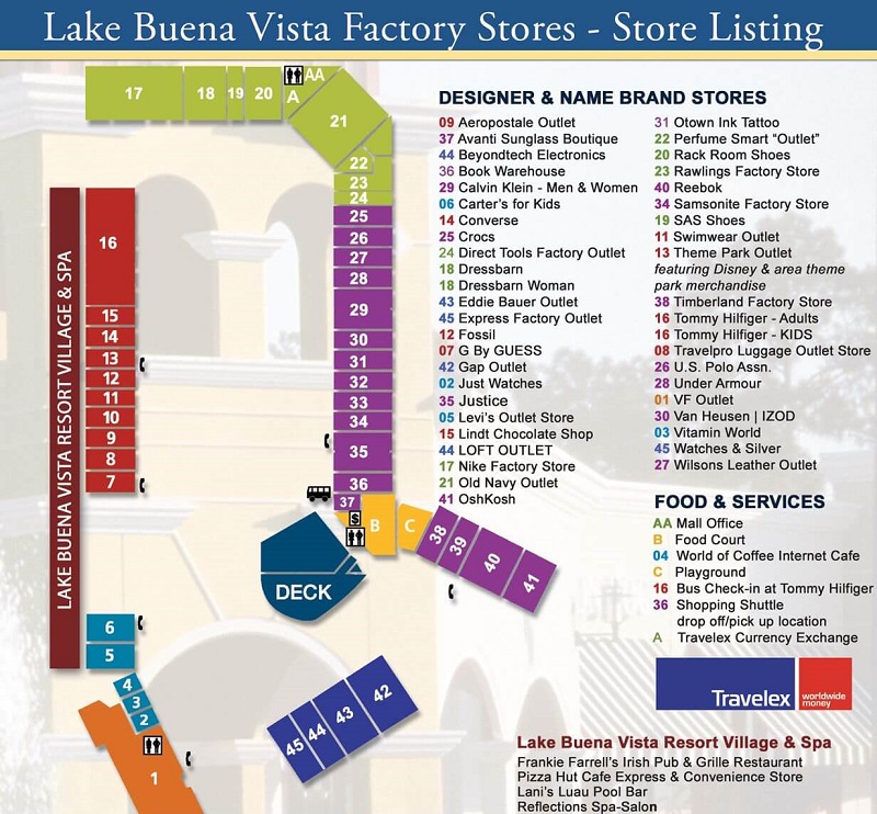 Mapa do outlet The Lake Buena Vista Factory Stores em Orlando